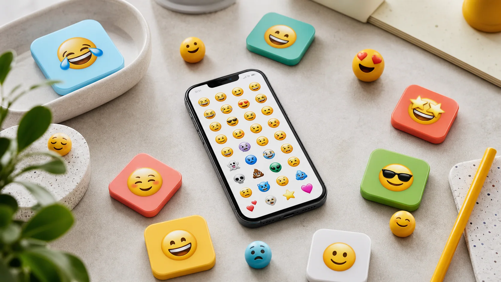 Smartphone mit Emoji-Auswahl und farbigen Emoji-Symbolen